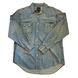 Lucky Brand Western Jean Shirt Mens Large Blue Denim Pearl Snap Long Sleeve